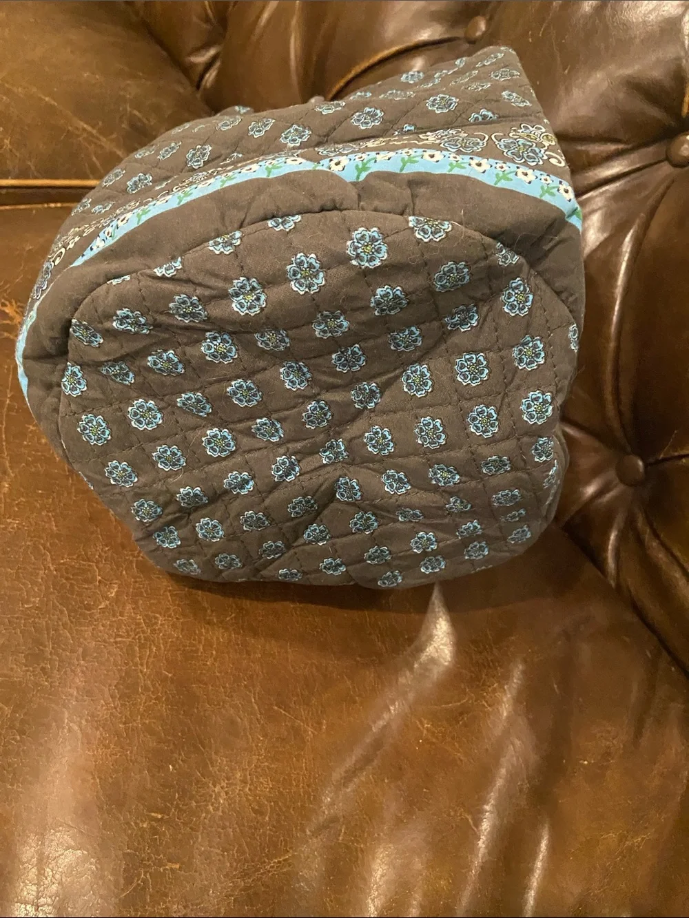 Quilted Drawstring Hobo Bag in Brown and Blue